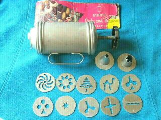 Vtg Aluminum Mirro Cookie Pastry Press 10 Disks - - 2 Tips W/ Instruction & Recipes