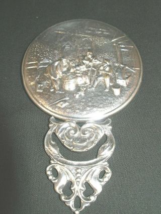 Vintage Silver Plated Hand Or Purse Mirror/repousse Scene On Back