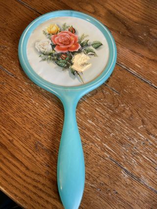 Vintage Handheld Blue Vanity Mirror Hard Plastic With Pretty Flower Design