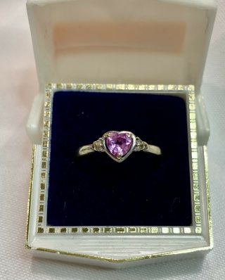 Vintage 10k White Gold Diamond Pink Sapphire Heart Ring Sz 8 1/2