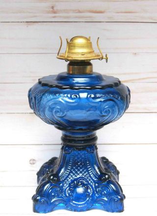 Large Vintage Blue Glass Princess Feather Oil Kerosene Lamp Base