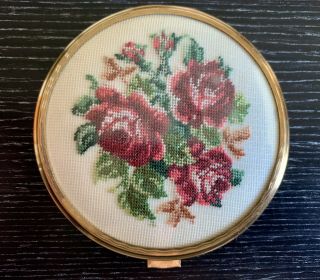 Vintage Petit Point Powder Compact - Floral Rose Needlepoint Makeup Case Vienna