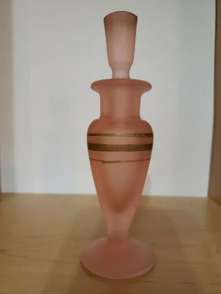 Vtg Pink Satin Glass With Painted Gold Footed Perfume Bottle With Dauber