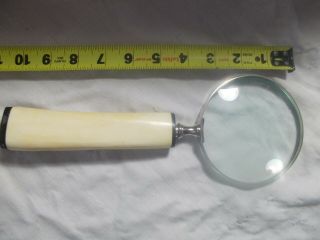 Large 10.  5 " Vintage Metal Hand Held Magnifying Glass W/ Bone Handle 4 " Glass