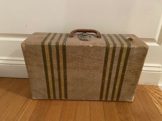 Mid Century Vintage Antique Hard Shell Suitcase Striped Tweed Luggage 18’
