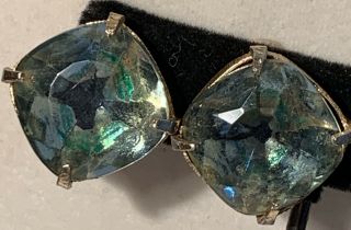Vintage Carnegie Blue Green Glass Crystal Classic Square Clip Earrings Goldtone