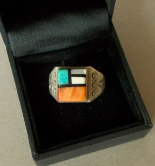 Vtg Sterling Silver Native American Zuni Old - Style Ring Stone - Cut/shell Inlay