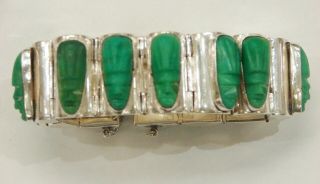 Vintage Large Mexican Sterling Silver Bracelet W/ Stone Face Green Agate Stones