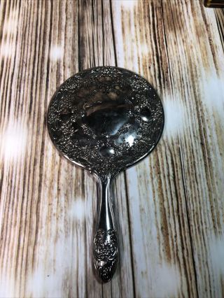 Vintage Antique Hand Held Boudoir Vanity Mirror Filigree Silver Plate Metal