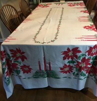 Vtg.  California Hand Print Xmas Tablecloth Napkins Poinsettias Candles 112”l 60”w
