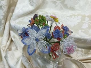 Vintage French Glass Beaded Multi Colored Flower Bouquet,  Glass Floral Bead Work
