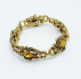 Vintage Coro Gold Tone Amber Glass & Rhinestone Crystal Bracelet