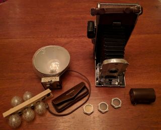 Polaroid Land Camera Model 95 W/ Flash,  Filters,  Speed Meter And Measuring Tape