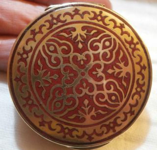Fine Antique Late 19th C Brass & Red Enamel Compact Or Patch Box