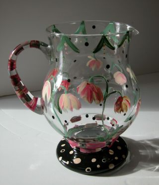 Early Vintage Mackenzie Childs Enameled Glass Footed Pitcher Signed Mc