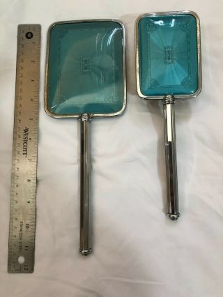 Vintage Turquoise Guilouche - Like Vanity Dresser Set Hand Mirror Brush Silvertone
