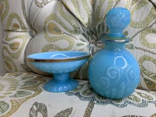 Vintage Avon Sky Blue Milk Glass Perfume Bottle & Stopper With Soap Dish