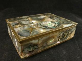 Vintage Mexican Solid Brass Trinket Box W/inlaid Abalone Shells.  3 1/8” X 2 3x 5