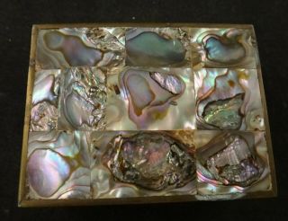Vintage Mexican Solid Brass Trinket Box w/Inlaid Abalone Shells.  3 1/8” x 2 3x 5 3