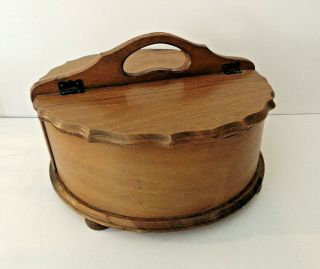 Vintage Round Wooden Sewing Carrying Box Double Lidded With Handle 11 X 5.  5