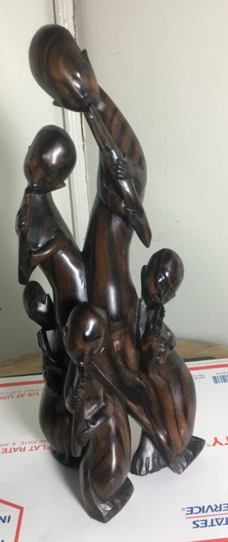 Vintage Tribal 13” Wood Carving Sculpture Playing Flutes Hand Carved