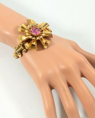 Vintage 1940s Coro Pegasus Gold Tone Double Snake Chain Pink Flower Bracelet