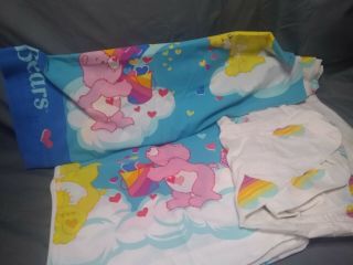 Vintage Care Bears Twin Bedding Sheet Set Rainbow Hearts Flat Fitted Bed Case
