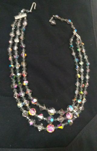 Vintage Gray Three Strand Crystal Bead Rhinestone Necklace Estate Jewelry