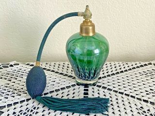 Vintage I.  W.  Rice York Hand Blown Green Art Glass Perfume Bottle W/atomizer