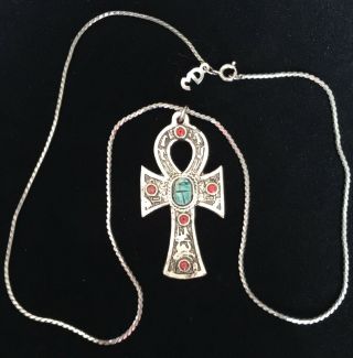 Vintage Egyptian Revival Style Silver Tone Ankh with Scarab & Hieroglyphs 2