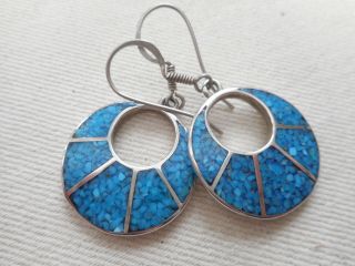 Vintage Southwest Sterling Silver Inlaid Turquoise Mosaic Earrings 385 - B