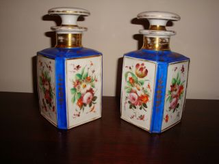 Impressive Pair Large French Porcelain Perfume Bottles & Stoppers C.  1850