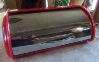 Vintage Paramount Tin Breadbox / Bin Candy Apple Red W/ Silver Tone Roll Up Lid