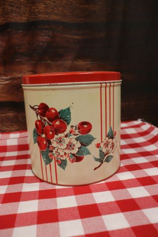 Htf Vintage Cherry Blossom & Stripes Cherries Metal Canister 1940 - 1950 