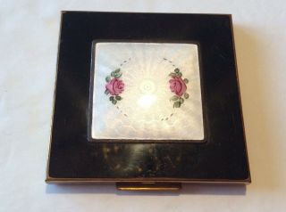 Vintage Sheilds Square Compact With Mirror Black White Pink Rose Estate Item