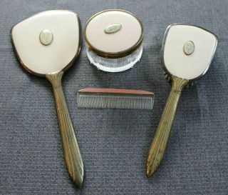 Vintage Gold Brass Tone Flower Hand Mirror,  Brush,  Comb And Powder Set