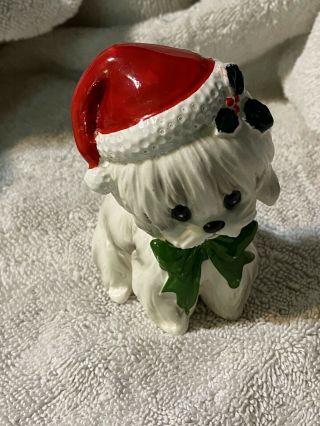 Vintage Lefton Christmas White Maltese Puppy Dog Santa Hat Figurine Japan 4”