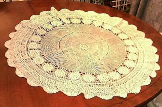 Large 32” Round Ecru Cotton Hand - Crocheted Table Cloth Doily Vintage