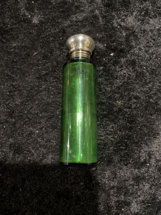 Vintage Emerald Green Glass Perfume Scent Bottle 3” Silver Top