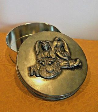 Bunny Rabbit Vintage Metzke Metal Pewter Easter Round Covered Cookie Tin Box