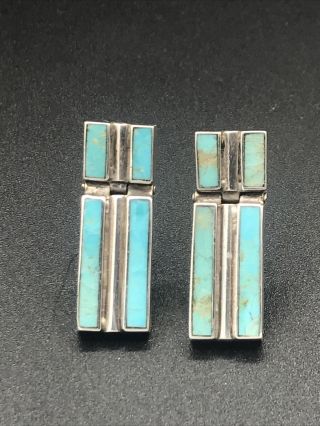 Vintage Inlay Turquoise Sterling Silver Clip On Hinged Earrings