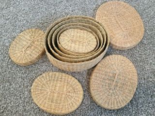 Vintage Woven Nesting Basket Set Of 5 W/ Lids