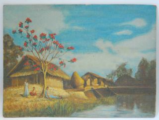 Vintage Oil Painting On Masonite Tropical Scene With Figures