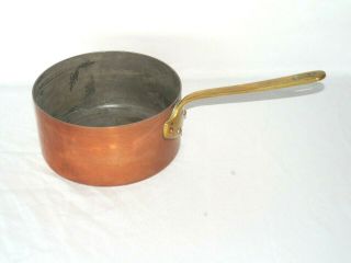 Vintage Heavy Tin Lined Copper Cooking Pot With Long Brass Handle Made In France