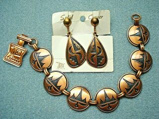 Vintage Bell Trading Post Southwestern Solid Copper Screw Earrings Bracelet Nos
