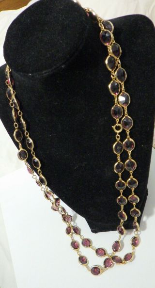 Vintage Amethyst Crystal Necklace W Bezel Set Gold Tone 52 " Long Jump Ring Cl