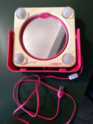 1980s Conair High Energy Lighted Makeup Mirror With Magnification & Spare Bulbs