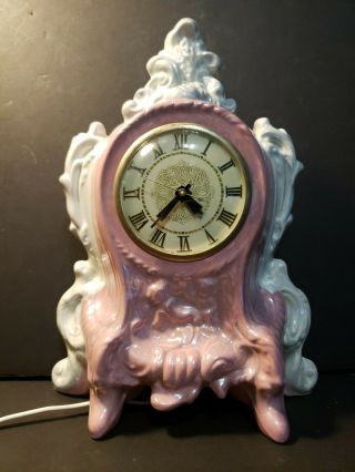 Vintage Lanshire Mantle Shelf Clock Cermic Pink/white