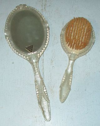 Vintage Lucite Vanity Hand Mirror & Straw Brush Set Butterfly Motif