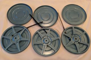 3 Vintage Blue Metal Compco Corp 8mm Film Reels,  Canisters 7 Inch Chicago Usa